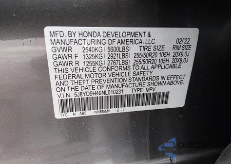 2022 Acura Mdx Technology Package from USA, damaged, VIN 5J8YD9H49NL010231